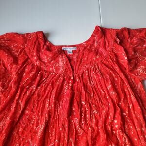 Go Softly Dress Womens Large Red Rayon Paisley Beaded Kaftan Knee Length Boho